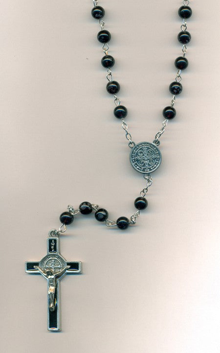7mm Black Glass Saint Benedict Rosary (Boxed)