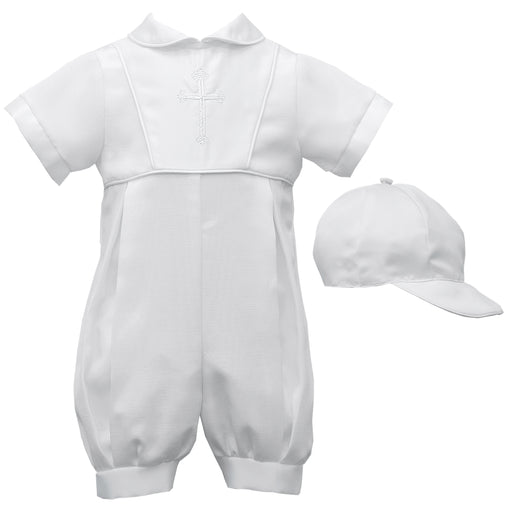 Baptism Boys bengaline short romper with embroidered cross on front