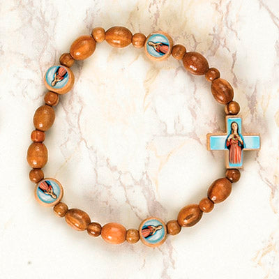 6-Pack - Immaculate Heart of Mary Wooden Cord Bracelet with enameled pictures and 6mm beads