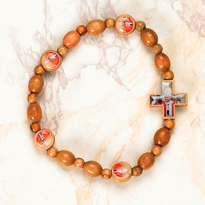 6-Pack - Pope John Paul II Wooden Cord Bracelet with enameled pictures and 6mm beads