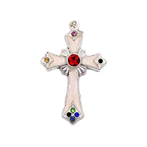Silver-tone Pendant Cross with White Enamel and Multi-color Crystals
