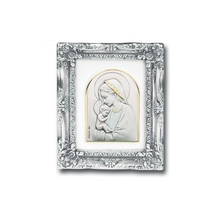 Antique Silver leaf Resin Frame with Sterling Silver Blessed Mother and Child Image