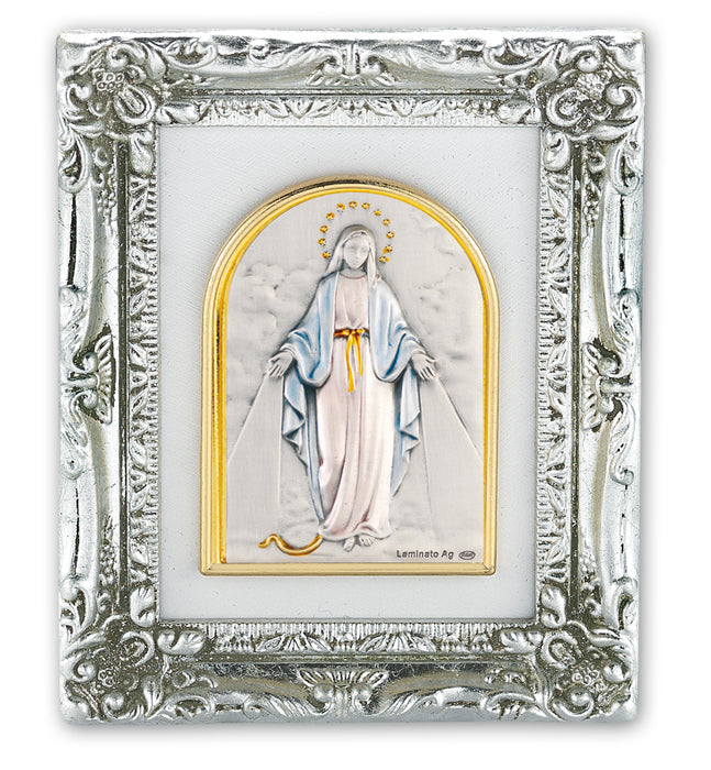 Antique Silver Leaf Resin Frame with Sterling Silver Our Lady Miraculous Medal Image