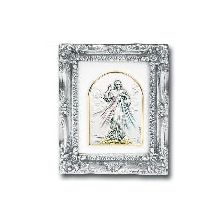 Antique Silver leaf Resin Frame with Sterling Silver Divine Mercy Image
