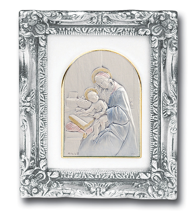 Antique Silver leaf Resin Frame with Sterling Silver Madonna and Child Image