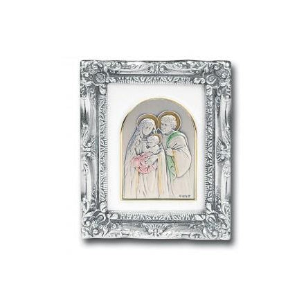 Antique Silver leaf Resin Frame with Sterling Silver Holy Family Image