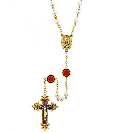 14K Gold-Dipped Simulated Pearl Red Crystal and Red Enamel Chanel Rosary