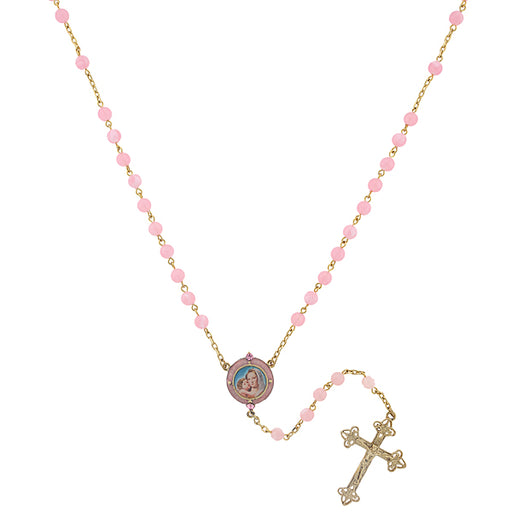 14K Gold-Dipped Pink Beaded Rosary with Mary and Child Enamel Decal
