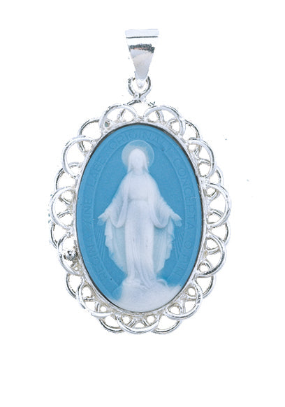 1-3/4-inch Sterling Silver Light Blue Miraculous Cameo with 24-inch Chain
