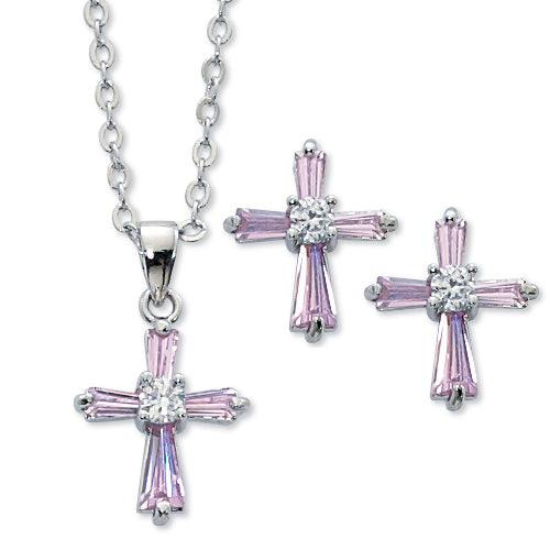 Pink Cross Pend and Earring Set