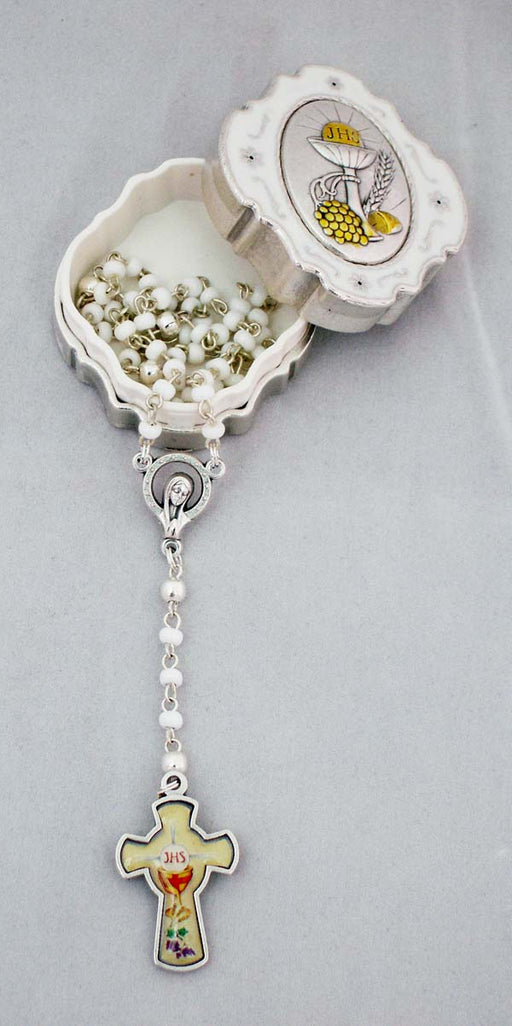 White Communion Box With White Rosary Glass Cross 10-inch