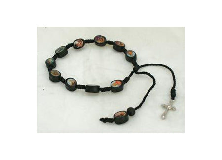 Decade Wood Rosary Bracelet With Metal Cross And Black Print Beads
