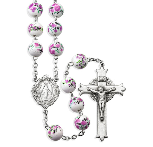 White and Pink Glass Flower Bead New England Pewter Rosary