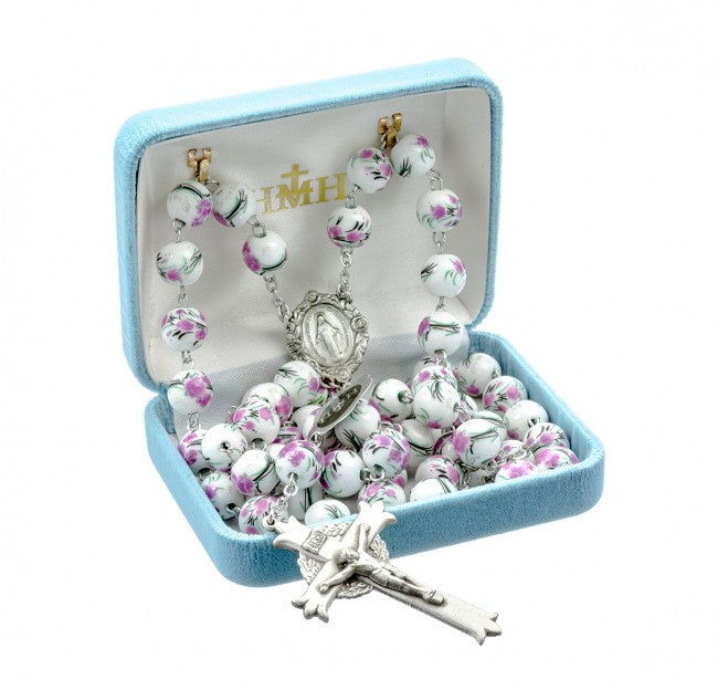 White and Pink Glass Flower Bead New England Pewter Rosary