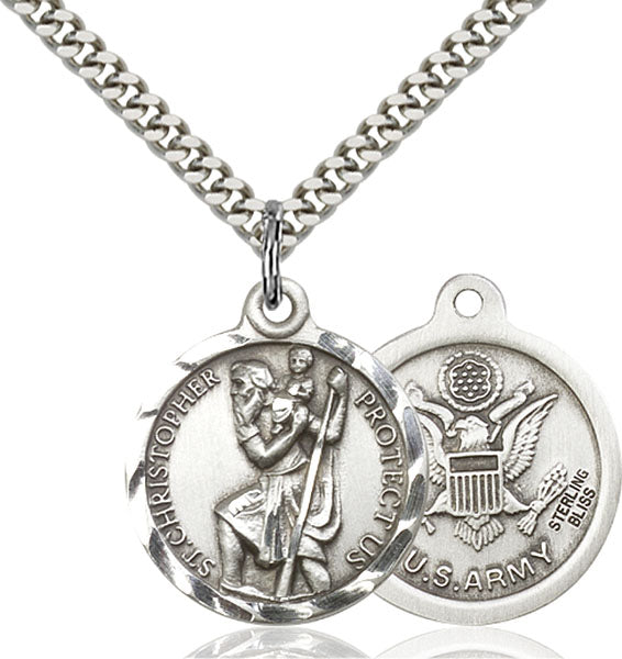 Sterling Silver Saint Christopher US Army Necklace Set
