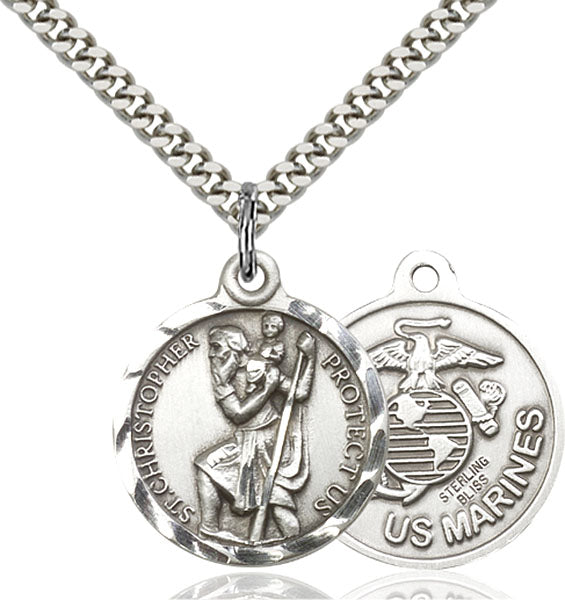 Sterling Silver Saint Christopher U.S. Marines Necklace Set