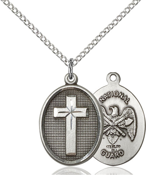 Sterling Silver Cross and National Guard Necklace Set