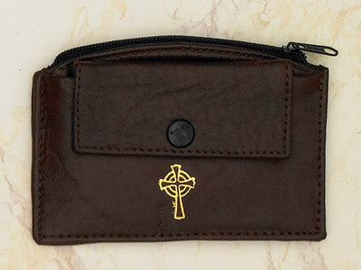 6-Pack - Brown Leather Rosary Case with Zipper and Snap Pocket- Cross