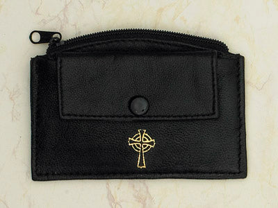 6-Pack - Black Leather Rosary Case with Zipper and Snap Pocket- Cross