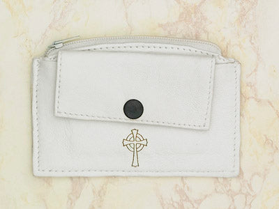 6-Pack - White Leather Rosary Case with Zipper and Snap Pocket- Cross