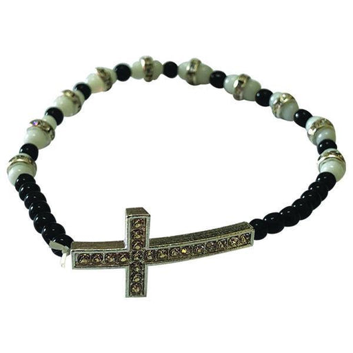 Black and White Stretch Bracelet with Crystal Cross