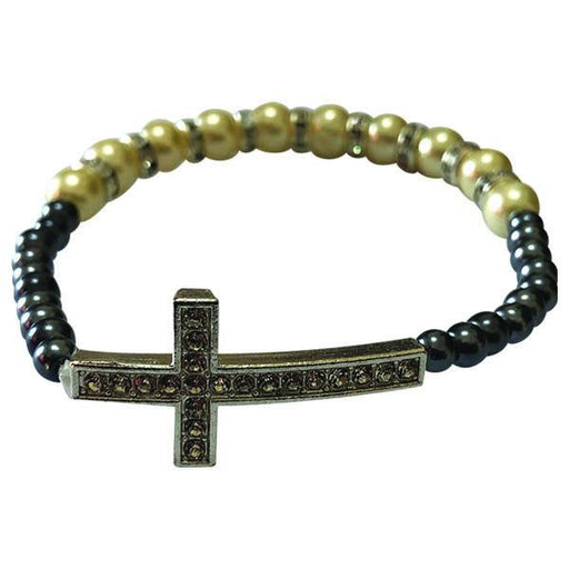 Dark Gray and White Stretch Bracelet with Crystal Cross 6mm