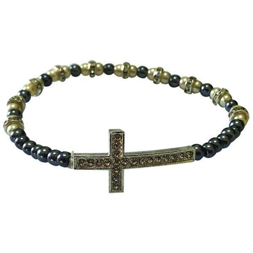 Dark Gray and White Stretch Bracelet with Crystal Cross 4mm