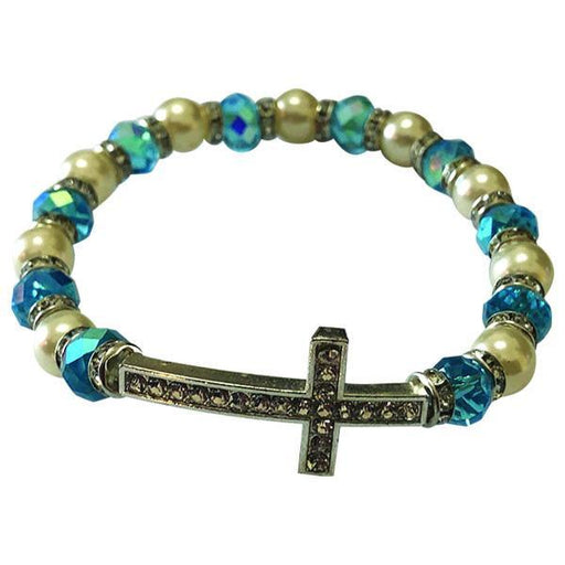 Light Blue and White Stretch Bracelet with Crystal Cross
