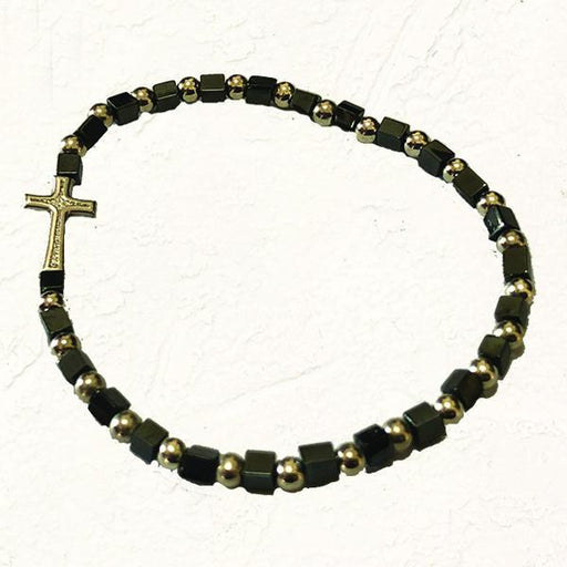 Black and Silver-tone Stretch Bracelet with Cross and Cube Shaped Beads