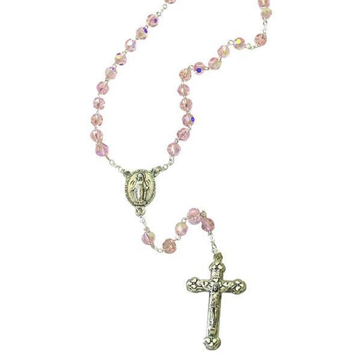 AB Crystal Rosary with Miraculous Medal Center and Silver-tone Crucifix - Rose
