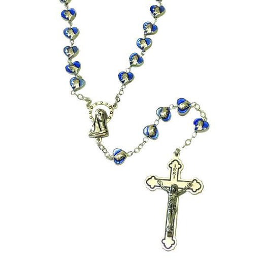 Blue Enamel Rosary with Heart Shaped Miraculous Medal Beads and Silver-tone Crucifix