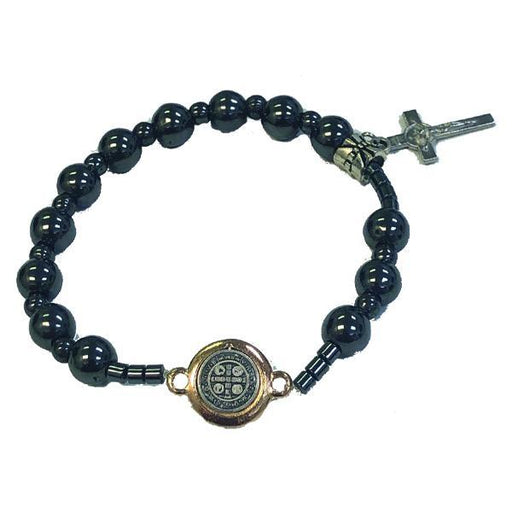 Saint Benedict Hematite Stretch Bracelet with Medal and Cross