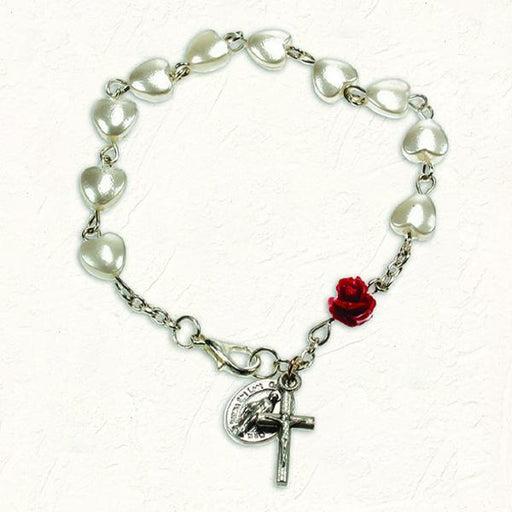 Heart Shaped Imitation Pearl Bracelet with Red Rose Resin Bead and Lobster Claw Clasp