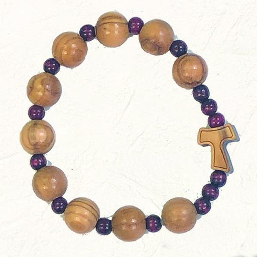 Olive Wood Stretch Bracelet with Natural Wood and Red Colored Beads with Tau Cross