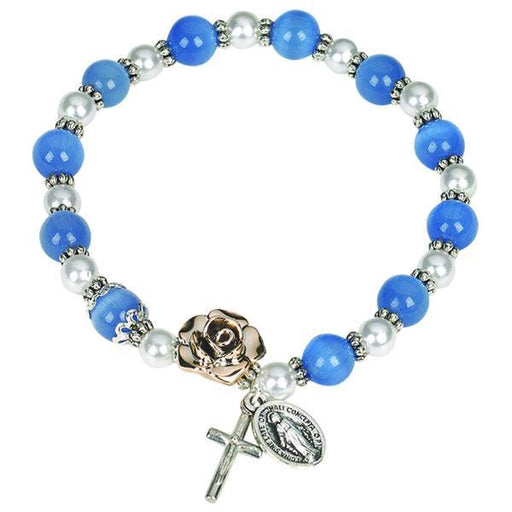 Light Blue Cats Eye Bead with Imitation Pearl and Rose Gold Rose with Silver Tone Miraculous Medal and Crucifix Charms.