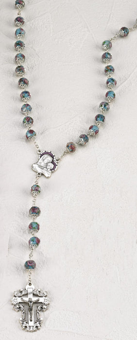 Light Blue Crystal Rose 8mm Rosary with Hand Painted Rose