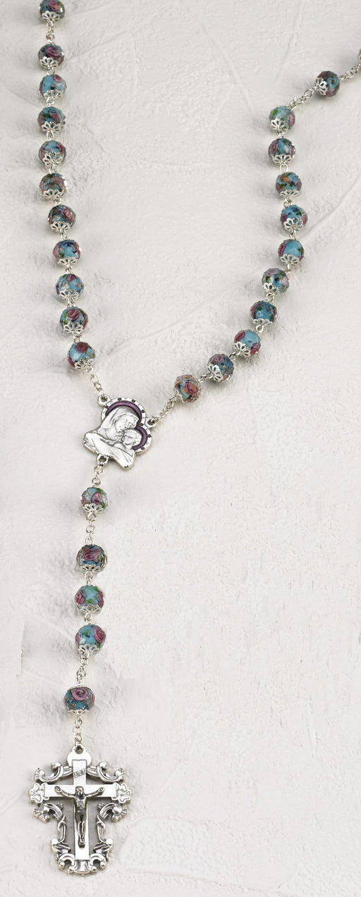 Light Blue Crystal Rose 8mm Rosary with Hand Painted Rose