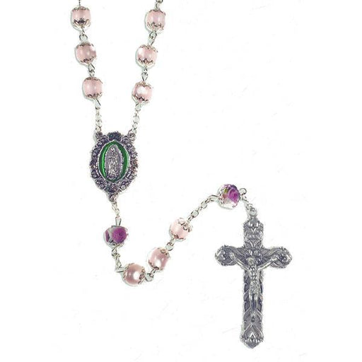 Pink Crystal Bead Rosary with Rose Our Father Beads and Enameled Lady of Guadalupe Center