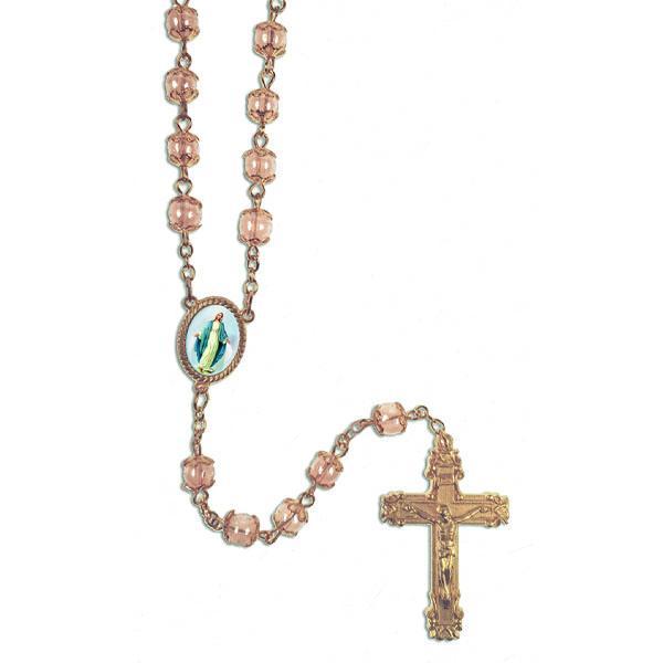 Rose Gold Rosary with Pink Glass Beads and Epoxy Lady of Grace Center
