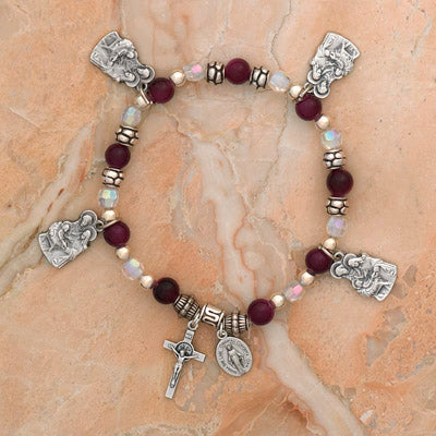4-Pack - Holy Family Charm Bracelet on an Amethyst Italian Glass Stretch Bracelet