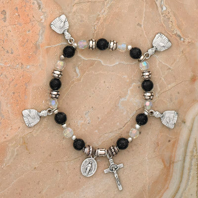 4-Pack - Saint Peregrine Charm Bracelet on a Black Italian Glass Stretch Bracelet