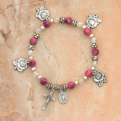 4-Pack - Rose Petal Charm Bracelet on a Rose Italian Glass Stretch Bracelet