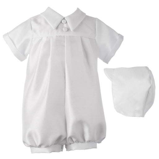 Baptism Shantung pleated romper with classic pointed collar
