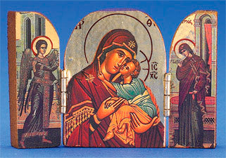 Greek Icon - Triptych- GLIKOFILOUSA With EVANGELISMOS Hand-Carved