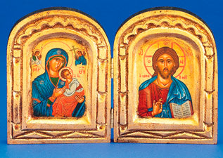 Hand Painted Diptych of Theotokos on left and Pantocrator