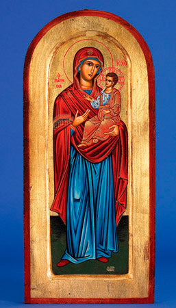 16-inch x 8-inch Hand Painted Arched and Gold Leaf Icon of Mary with Jesus