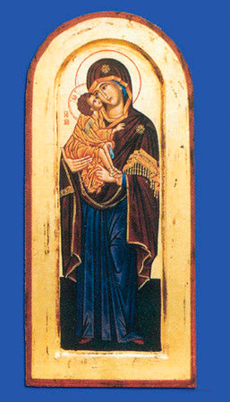 16-inch x 8-inch Hand Painted Arched and Gold Leaf Icon of Lady of Vladimir