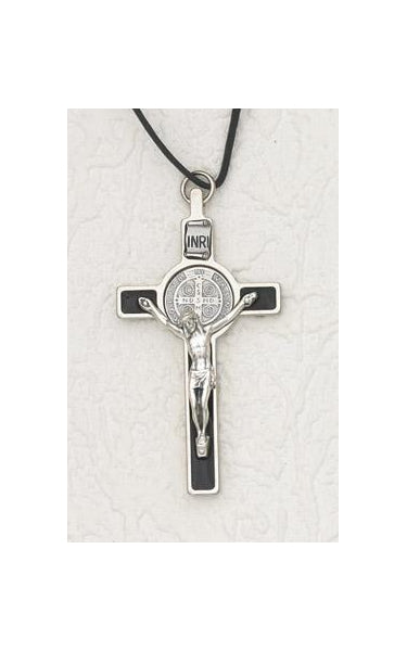 3 inch Saint Benedict Cross with Black Enamel Cross and Silver Pendant