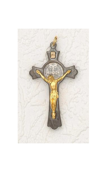 3 Inch, Saint Benedict Hematite Cross Gold Corpus Corded