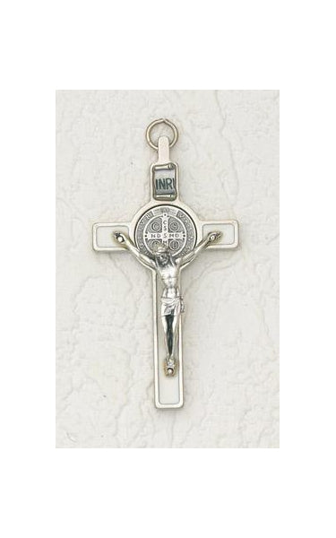 3 inch Saint Benedict Cross with White Cross and Silver Pendant and Corpus